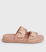 New Look Wide Fit Pink Leather-Look Buckle Footbed Sliders